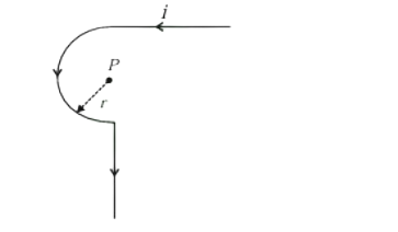 Figure showing a semicircular curved wire connected to a long horizontal wire at the top and a long vertical wire downward, with current $$I$$ marked and point $$P$$ near the center.