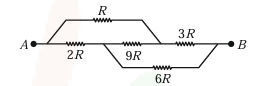 Circuit network between points A and B with upper branch resistors R and 3R, middle branch resistors 2R and 9R, and lower branch resistor 6R.