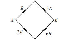 Equivalent diamond-shaped Wheatstone bridge between A and B with resistors R and 3R on upper path, 2R and 6R on lower path.