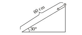 A solid cylinder at the top of a 30 degree inclined plane of length 60 cm, rolling down the incline.