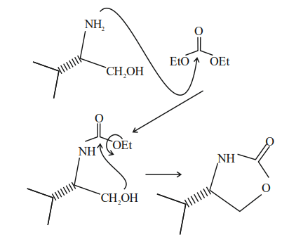 Mechanism image showing nucleophilic attack by amino group on carbonate carbonyl followed by cyclization to cyclic carbamate product.
