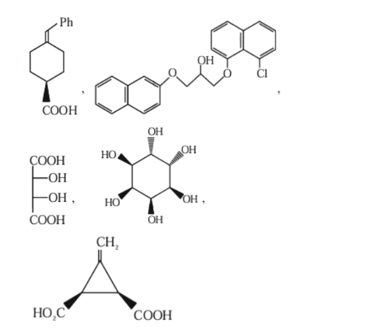 Set of four chemical structures for chirality identification, including a phenyl-substituted cyclohexane carboxylic acid, a fused aromatic ether ester, a polyhydroxy cyclic compound, and a substituted cyclopropane dicarboxylic acid.