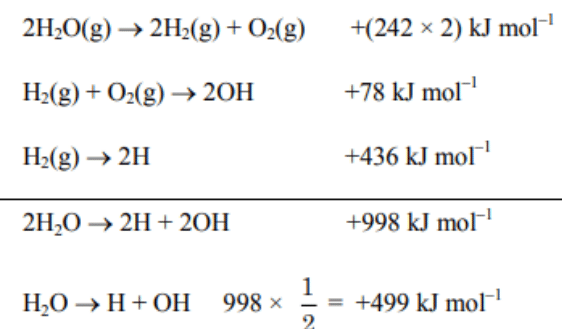 Combined Hess law calculation showing reactions for two moles of water leading to 2H and 2OH with total enthalpy 998 kJ mol inverse, then halving to get 499 kJ mol inverse.