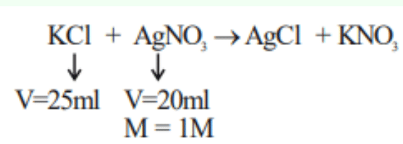 Reaction sketch showing KCl reacting with AgNO3 to form AgCl and KNO3, with KCl solution volume 25 mL and AgNO3 volume 20 mL of 1 M indicated.