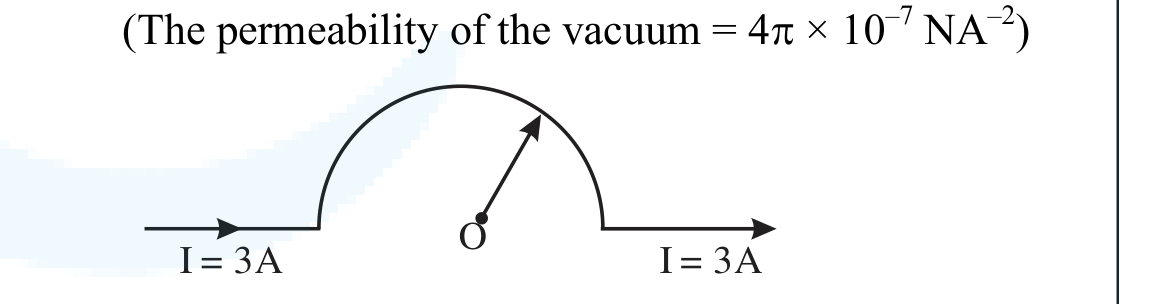 A straight wire carries current 3 A into a semicircular arc above the line, then continues straight. Center O is marked with a radius arrow to the arc.