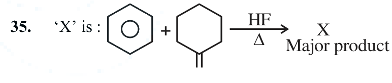 Reaction scheme showing benzene reacting with methylenecyclohexane in presence of HF and heat to form major product X.