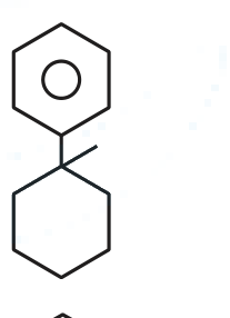 Structure showing benzene ring attached through a tertiary carbon to a cyclohexane ring, with an additional methyl group on that junction carbon.