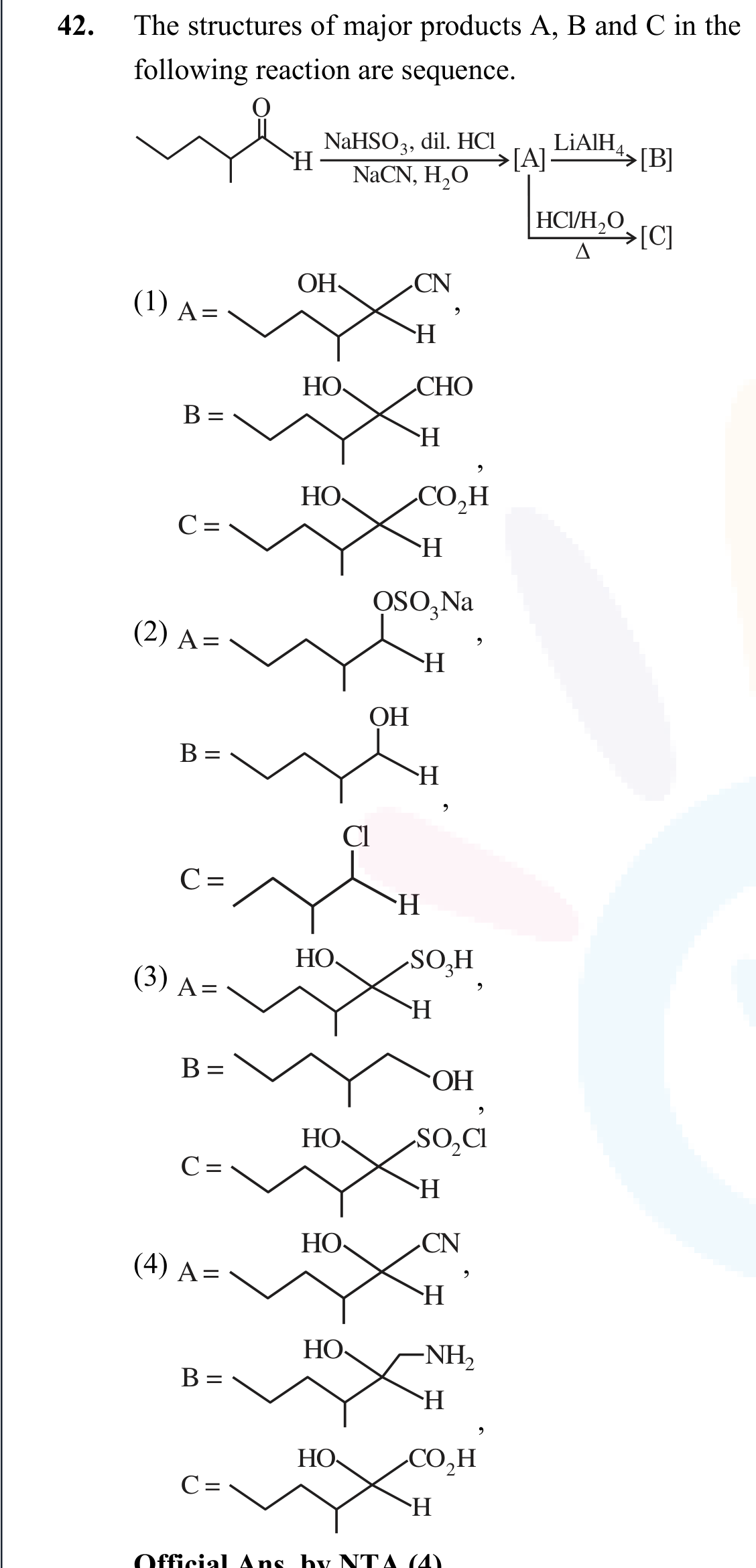 Four answer options showing structures assigned to products A, B and C for the given multistep organic reaction, labeled as options 1 to 4.
