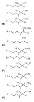 Reaction scheme showing an aldehyde substrate reacting with NaHSO3, NaCN, H2O and dilute HCl to form A, then LiAlH4 to form B, and HCl/H2O with heat to form C.