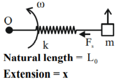 A spring fixed at point O with a mass m at the other end rotating about O, showing angular speed omega, spring constant k, restoring force Fs, natural length L0, and extension x.