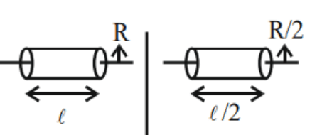 Two horizontal solid cylinders are shown side by side. The first has radius R and length l, and the second has radius R/2 and length l/2, with arrows marking these dimensions.