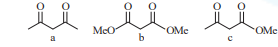 Three organic structures labeled a, b, and c are shown side by side for comparison of deprotonation tendency in basic medium.