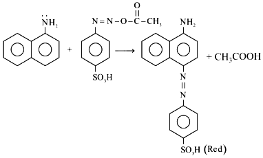 Detailed reaction figure showing 1-naphthylamine coupling with an aromatic diazonium compound to form an azo product labeled SO3H and marked red in colour.