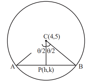 Circle centered at C(4,5) with horizontal chord AB, midpoint P(h,k), and central lines to A and B showing angle theta split into theta/2 and theta/2.