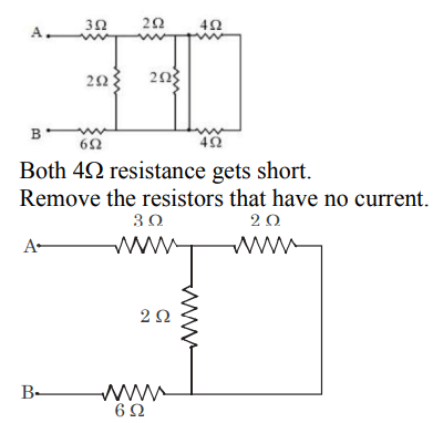 Solution diagram showing the original circuit, note that both 4 ohm resistors are shorted, and the reduced circuit with 3 ohm, 2 ohm, and 6 ohm resistors remaining.