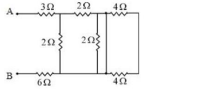 Circuit between terminals A and B with resistors of 3 ohm and 2 ohm on top branch, 6 ohm on bottom branch, two vertical 2 ohm resistors, and two 4 ohm resistors on the right loop.