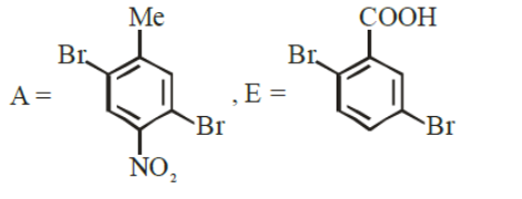 Option A shows A as dibromo nitrotoluene with bromine substituents on both ortho positions relative to methyl, and E as dibromobenzoic acid retaining two bromine substituents.