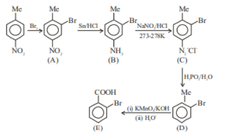 Worked reaction scheme showing p-nitrotoluene converted to brominated nitrotoluene A, then aniline derivative B, diazonium salt C, bromotoluene derivative D, and finally bromobenzoic acid E.
