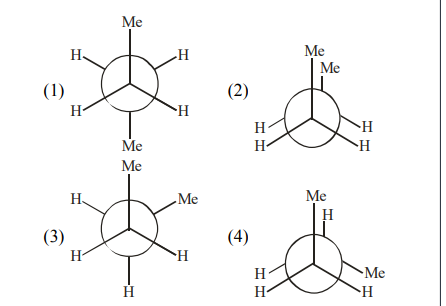 Four Newman projection style conformations labeled 1 to 4, each showing hydrogens and methyl groups marked Me around a cyclohexane-related conformation.