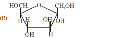 Structure labelled R showing a five-membered fructofuranose ring with CH2OH substituents and anomeric OH below the plane.