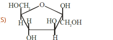 Structure labelled S showing a five-membered fructofuranose ring with CH2OH substituents and anomeric OH above the plane.