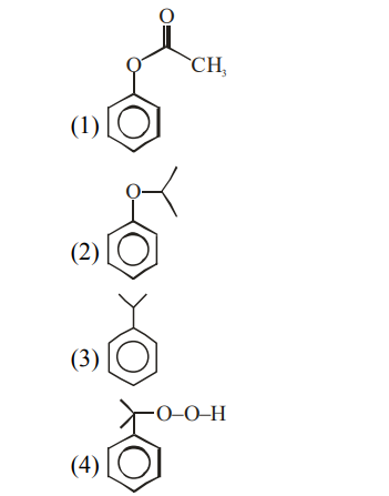Four structural options are shown for the intermediate in cumene to phenol preparation, including acetophenone derivative, phenyl isopropyl ether, cumene, and cumene hydroperoxide structures labeled one to four.