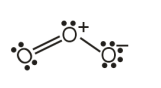 Lewis structure of ozone showing three oxygen atoms, one central positively charged oxygen, and lone pairs marked around each oxygen atom.