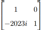 Matrix option showing a 2 by 2 matrix with entries 1, 0, negative 2023i, and 1.
