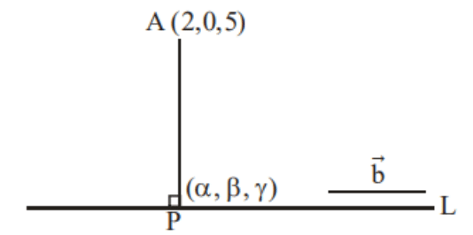 Point A at coordinates (2,0,5) above a horizontal line L, with perpendicular dropped to point P labeled (alpha, beta, gamma), and direction vector b shown along the line.