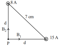 Right triangle arrangement of two long wires and point P, with currents 8 A and 15 A, wire separation 7 cm, and equal perpendicular distances d from P to each wire.