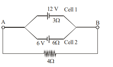 Equivalent source derivation image showing the original parallel cell network between A and B and expressions for equivalent emf, equivalent resistance, and resistor value.