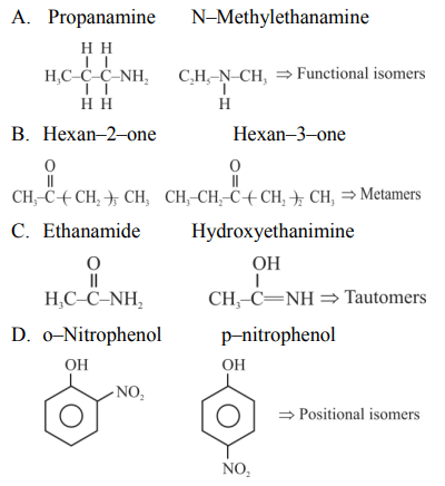 Worked matching diagram showing structures of four isomeric pairs and their classifications as functional isomers, metamers, tautomers, and positional isomers.