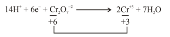 Redox reaction diagram showing dichromate in acidic medium reducing from chromium plus six to chromium plus three with balanced ions and water formation.