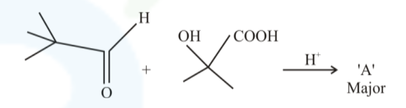 Reaction scheme showing a ketone reacting with an alpha-hydroxy carboxylic acid under acidic conditions to form product A as the major product.