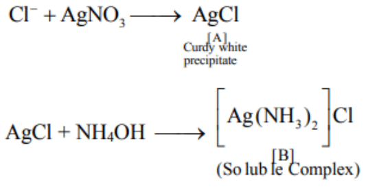 Reaction scheme showing chloride ion with silver nitrate forming curdy white precipitate AgCl labeled A, followed by AgCl with NH4OH forming soluble complex [Ag(NH3)2]Cl labeled B.