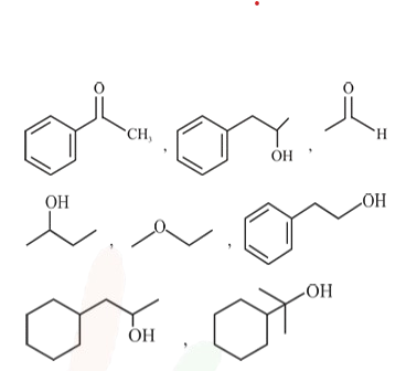 A set of organic compounds including aromatic and aliphatic alcohols, an acyl chloride, an aldehyde, an ether, and substituted cyclohexane derivatives for identifying test-positive structures.