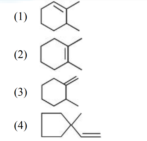 Four product options labeled 1 to 4, showing different alkene structures formed from dehydration and possible ring-expanded or exocyclic double-bond products.