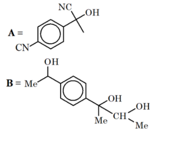 Option D shows product A with nitrile substitution on the ring and NC and OH on the benzylic carbon, and product B as a benzylic diol chain with methyl substituents.