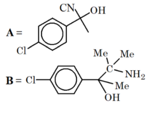 Option C shows product A as a cyanohydrin with CN and OH on the benzylic carbon, and product B as an amino alcohol containing NH2 after further transformation.