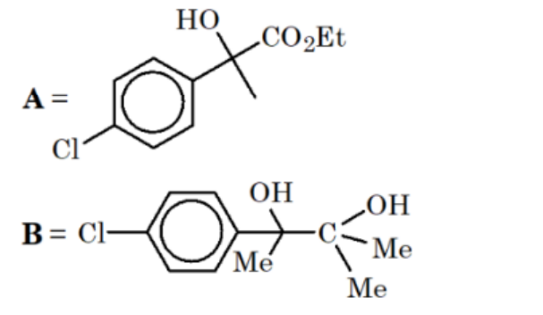 Option B shows product A as an ester-containing compound with HO and CO2Et on the same benzylic carbon, and product B as a substituted diol after Grignard addition.