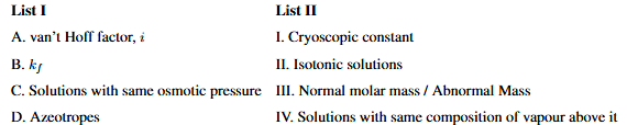 Two-column matching table for colligative properties. List I contains A. van't Hoff factor i, B. kf, C. Solutions with same osmotic pressure, D. Azeotropes. List II contains I. Cryoscopic constant, II. Isotonic solutions, III. Normal molar mass or Abnormal Mass, IV. Solutions with same composition of vapour above it.