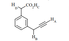 A benzene ring bearing two side chains: one carboxylic acid with proton C and proton D on adjacent carbon, and one propargyl side chain with proton A on terminal alkyne and proton B on benzylic carbon.