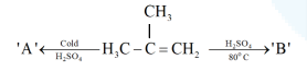 Reaction scheme showing 2-methylpropene forming product A with cold sulfuric acid and product B with sulfuric acid at 80 degree Celsius.