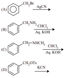 Reaction scheme showing four benzyl derivatives labeled A, B, C and D with reagents for preparing benzyl isocyanide or related products.