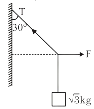 A wall on the left supports a string making 30 degree angle with the wall, joined to a junction pulled right by force F and downward by a block of mass root 3 kg.