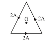 Equilateral triangle carrying current 2 A along all three sides, with centroid O marked inside and current directions shown on each side.