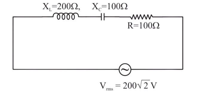 Series AC circuit containing an inductor with $$X_L = 200 \, \Omega$$, a capacitor with $$X_C = 100 \, \Omega$$, a resistor with $$R = 100 \, \Omega$$, and source voltage $$V_{rms} = 200\sqrt{2} \, \text{V}$$.