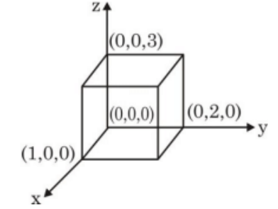 A cuboid drawn along x, y, z axes with origin at (0,0,0) and edge endpoints labeled (1,0,0), (0,2,0), and (0,0,3).