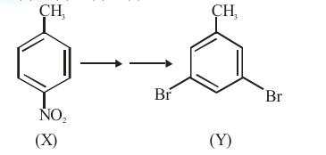 Reaction scheme showing p-nitrotoluene as compound X converted to dibromotoluene product Y with bromine atoms at two ring positions and methyl group retained.