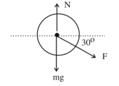 Free body diagram of the roller showing upward normal N, downward weight mg, and applied force F at 30 degrees below horizontal.